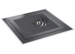 Quadratisches schwarzes Flachdach-Ablaufsystem mit mehrstufiger Kegelstruktur.