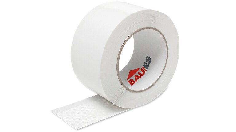 Ein Band BAU!ES TrennfixPRO leicht aufgerollt. In der Rolle ist da ist das BAU!ES-Logo abgebildet