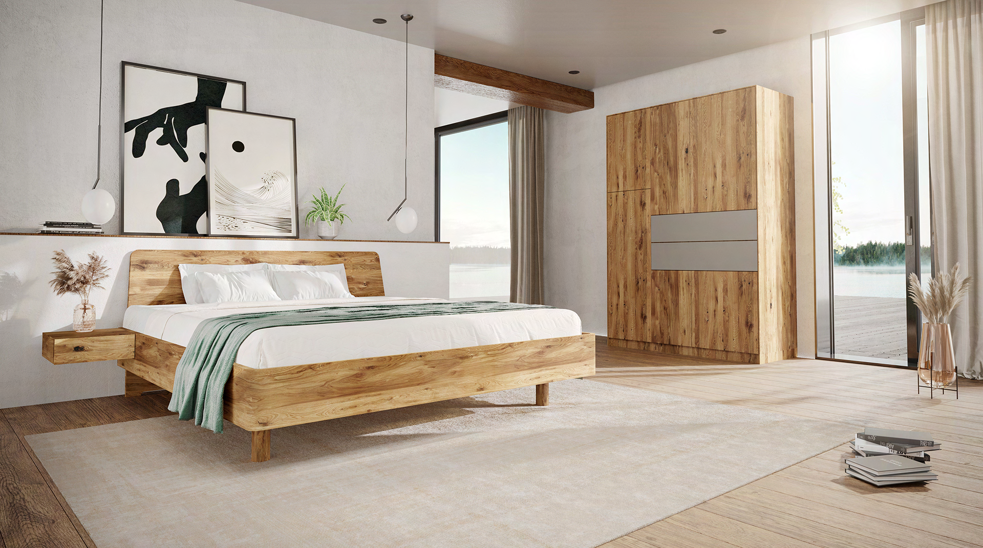 die holzschmiede® Holzmöbel Bett Tonda mit Schrank Jaso, eweils behandelt mit dem Möbelöl von Biofa.  | © die holzschmiede® Thurnau