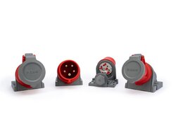 Industriesteckdosen in Rot-Grau, frontal dargestellt.