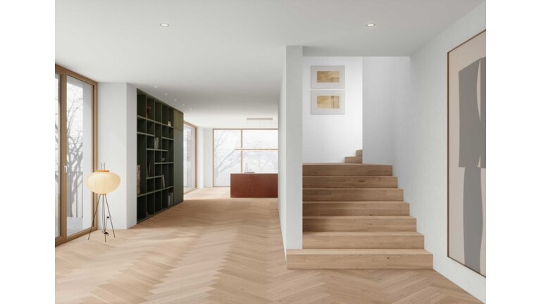 Modernes Interieur mit Holztreppe und Parkett