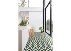 Moderne Küche mit geometrischem Fliesenboden und Pflanzen.