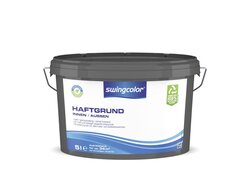  5-Liter-Eimer der Marke "Swingcolor" mit der Beschriftung "Haftgrund Innen/Außen", weiße Farbe