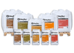 Verschiedene ClayTec Lehmputz-Produkte in Säcken und Big-Bags.