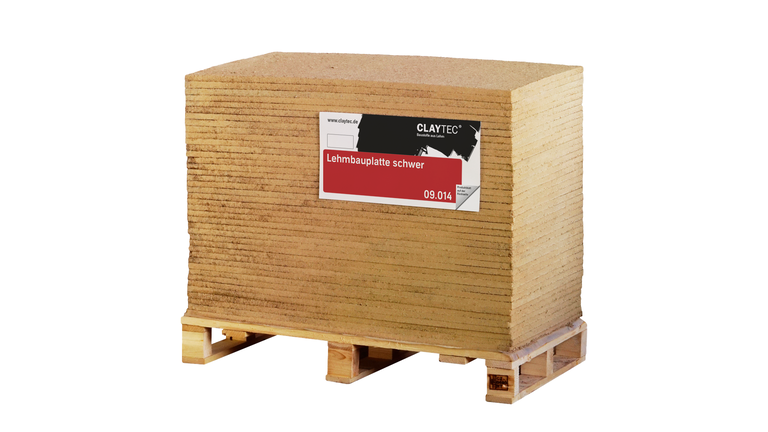Lehmbauplatten auf Palette, Produkt von Claytec