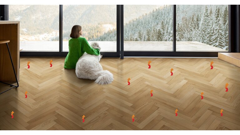 Fußbodenheizung unter Holzparkett mit Winterlandschaft.