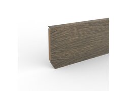 Dunkle MDF-Hohlkehlleiste in rustikaler Holzoptik für Bodenabschlüsse.