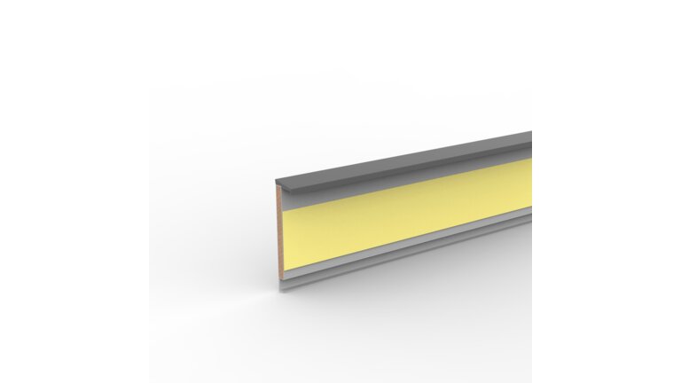 Graue MDF-Sockelleiste mit gelbem Mittelstreifen und Gummilippe.