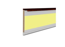 MDF-Sockelleiste mit dunkler Holzkante und gelbem Mittelstreifen.
