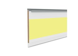 Weiße MDF-Sockelleiste mit grauer Kante und gelbem Mittelstreifen.