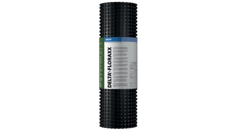 Schwarze Noppenbahnrolle mit Produktetikett Delta-FLORAXX.