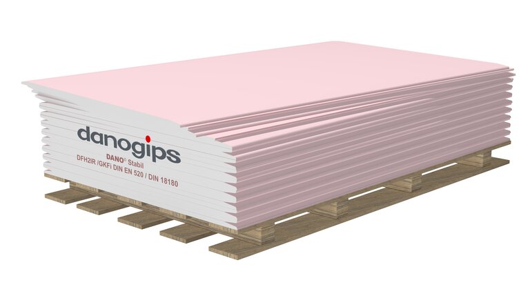 Rosa Gipskartonplatten auf Holzpalette, feuerbeständig.