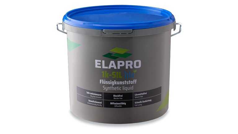 7kg-Eimer des Produkts "ELAPRO 1k-SIL blu," einem Flüssigkunststoff mit Eigenschaften wie Diffusionsoffenheit, Biozidfreiheit und schnellem Aushärten.