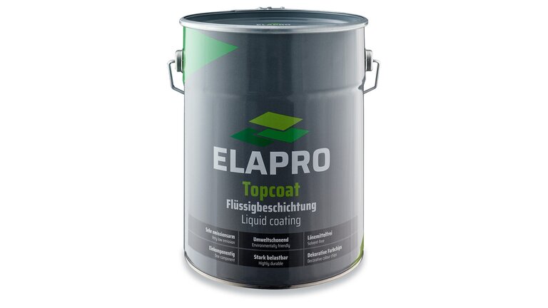 12kg- Eimer des Produkts "ELAPRO Topcoat," einer Flüssigbeschichtung mit Eigenschaften wie hoher Belastbarkeit, UV-Beständigkeit und umweltschonender Zusammensetzung.