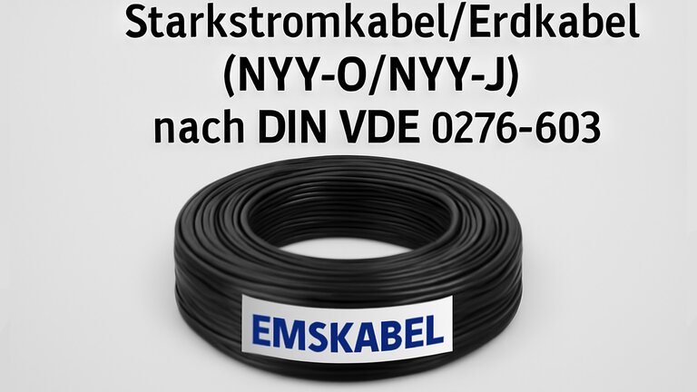 Ein schwarzes, zusammengerolltes NYY-J / NYY-O Starkstromkabel nach DIN VDE 0276-603 mit dem Emskabel-Logo davor