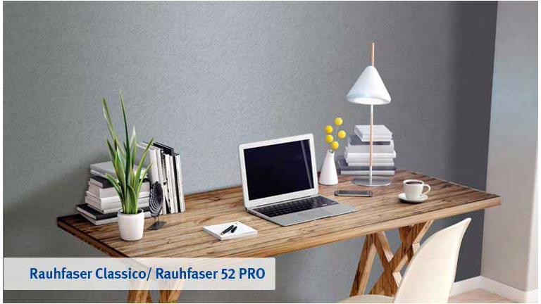 Erfurt Rauhfaser Classico, Rauhfaser 52 PRO, Schreibtisch vor grauer Tapete