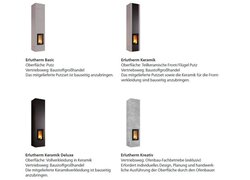 Das Bild zeigt verschiedene Modelle von Erlutherm Kaminöfen mit unterschiedlichen Oberflächen und Vertriebswegen.