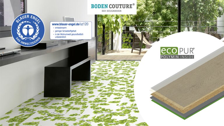 Heller Raum mit grün gemustertem Designboden.