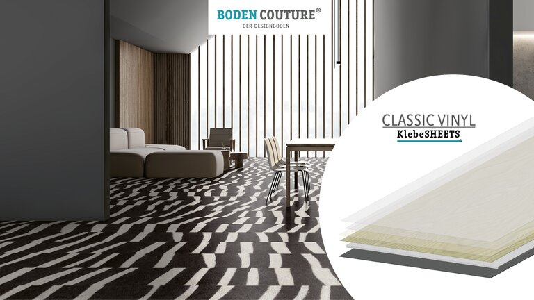 Modernes Interieur mit gemustertem Vinylboden.