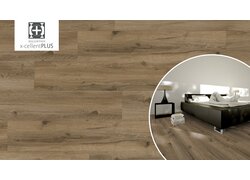 Dunkler Holzvinylboden in modernem Schlafzimmer.