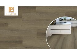 Dunkler Holzvinylboden in moderner Küche.