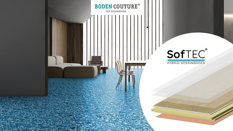 Modernes Interieur mit blauem Designboden.