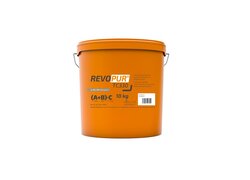 Das Etikett des orangefarbenen Eimers zeigt "REVOPUR TC330 (A+B): C 10 kg", enthält Anweisungen und Gefahrenhinweise.