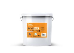 Weißer Eimer der Marke Franken Systems mit der Bezeichnung "REVOPUR WP220 FP finish", der ein zweikomponentiges, schnell härtendes Abdichtungssystem mit der Kennzeichnung "A" und einem Gewicht von 12 kg darstellt.