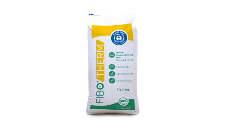 FIBOTHERM Trockenschüttung leicht 4-10 mm r/g Weißer Sack mit gelbem und grünem Aufdruck.