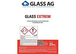 Produktetikett der Firma "GLASS AG" mit der Bezeichnung "GLASS EXTREM", einem schnell erhärtenden Innen-Bindemittel der Festigkeitsklasse 5N. Es enthält Warnsymbole für chemische Gefahren und gibt ein Gewicht von 25 kg an.