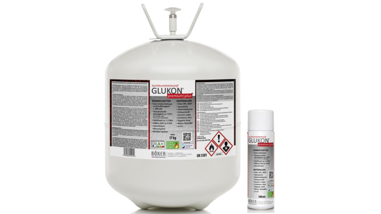Großer Druckbehälter und Sprühdose des Sprühkontaktklebstoffes "GLUKON premium plus"