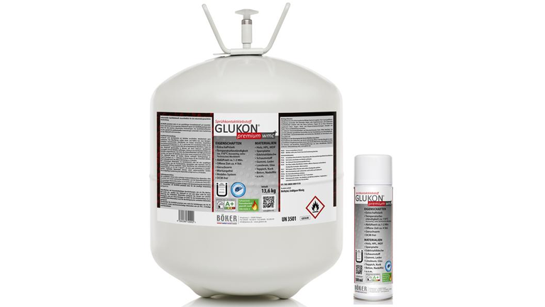 Großer Druckbehälter und Sprühdose des Sprühkontaktklebstoffes "GLUKON premium wmc".