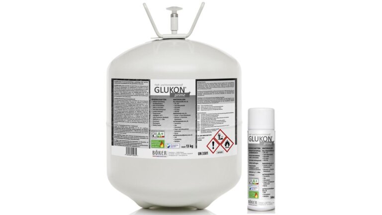 Großer Druckbehälter und Sprühdose des Sprühklebstoffes "GLUKON® prime"