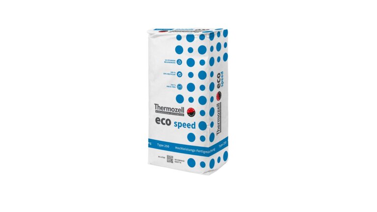  Sack Thermozell Eco Speed Type 250, eine Hochleistungs-Fertigmischung aus Wärmedämm-Leichtbeton mit 80 Litern Inhalt, umweltfreundliche Eigenschaften wie 100 % EPS-Recyclat und HBCD-Freiheit.