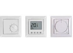 Drei weiße Raumthermostate für Unterputz-Installationen.