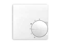 Weißes analoges Raumthermostat mit Drehregler.