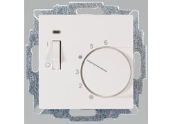 Weißes analoges Raumthermostat mit Ein-Ausschalter.