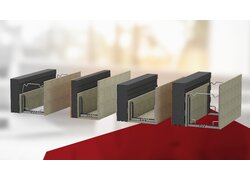 Mehrere rekord Holzmann Neo MBA Elemente mit Dämmkern, Metallprofilen und seitlichen Platten in Schnittdarstellung