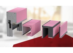 Rosa gedämmte Rollladenkasten-Systeme und verschiedene Schalungselemente.