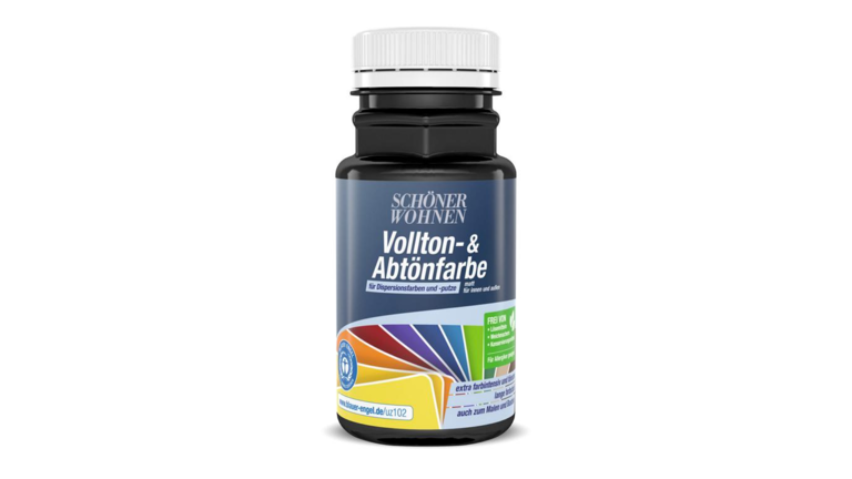 Schwarze Flasche Vollton- & Abtönfarbe von Schöner Wohnen, für Dispersionsfarben und Putz, matt und für den Innen- sowie Außenbereich geeignet.