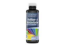 Schwarze Flasche Vollton- & Abtönfarbe von Schöner Wohnen, für Dispersionsfarben und Putz, matt und für den Innen- sowie Außenbereich geeignet.