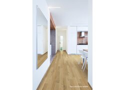 Modernes Wohnzimmer mit Holzfußboden und hellem Design. 