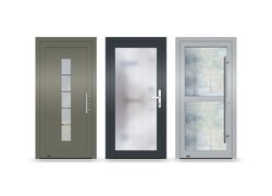 Drei moderne Aluminium-Haustüren in verschiedenen Farben und Glasdesigns.