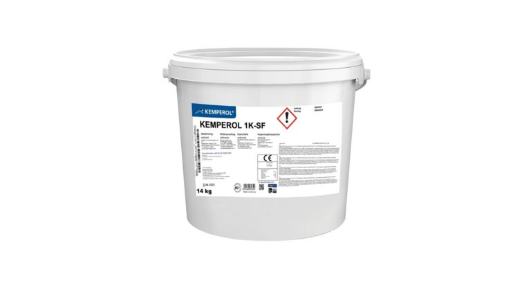 14-kg-Eimer des Produkts "Kemperol 1K-SF" von Kemper System, das als Abdichtungsmaterial dient und technische Informationen sowie Sicherheitskennzeichnungen auf dem Etikett trägt.