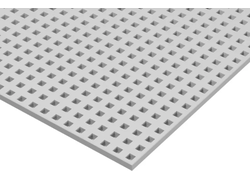 Weiße Gipsplatte mit quadratischen Lochungen.