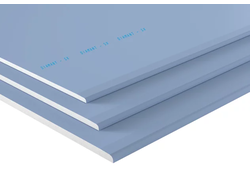 Drei blaue Gipskartonplatten mit weißen Kanten.