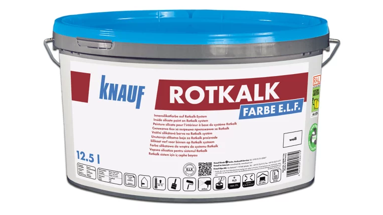 Knauf Rotkalk Farbe in Eimer, weiß.