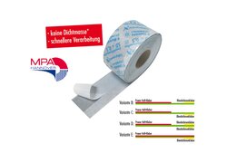 Dichtband mit MPA Hannover-Logo und verschiedenen Kleber-Varianten.