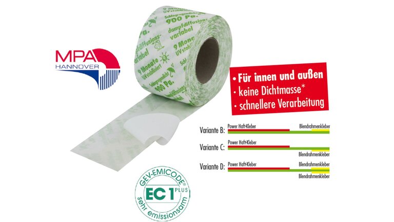Dichtungsband für innen und außen mit MPA- und EC1-Logo.