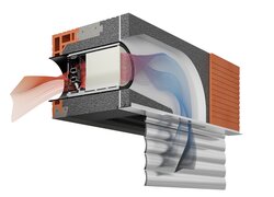 Lüftungseinheit mit Luftstrom und Filtermodul.